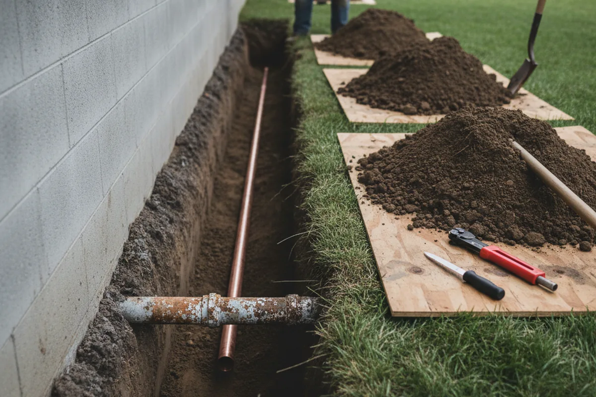 Excavated water line trench during Water Softener Installation in Sandpoint